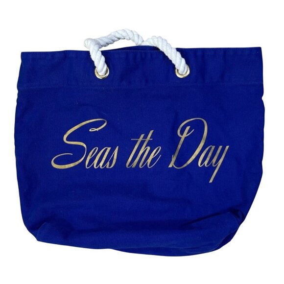 Seas The Day Trina Turk Canvas Beach Bag Blue White Tote Cruise - Picture 1 of 5